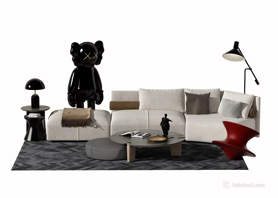 White Sofa and Round Coffee Table Set with Multiple Pillows Gray Rug and Black Lamp 3d model 
