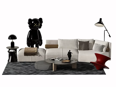 White Sofa and Round Coffee Table Set with Multiple Pillows Gray Rug and Black Lamp 3d model