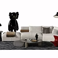 White Sofa and Round Coffee Table Set with Multiple Pillows Gray Rug and Black Lamp