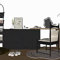 Elegant Dark Dressing Table With Drawers Mirror Accent Chair And Decorative Shelf