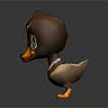 3D Cartoon Duckling With Brown Feathers Green Eyes Orange Beak And Feet On Dark Background