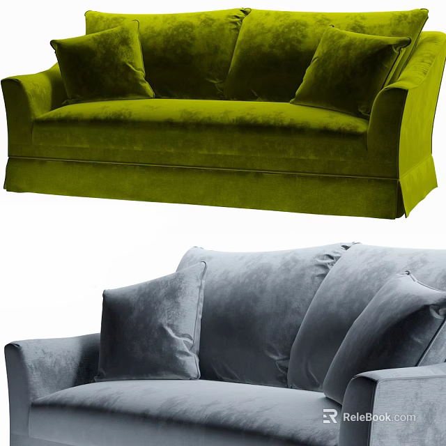 Green And Gray Velvet Two Seater Sofa With Soft Cushions For Living Room 3d model 