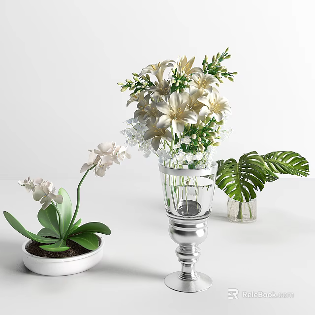 Stylish Glass Vase With Silver Base Holding White Lilies Orchids And Monstera Leaf 3d model 