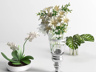 Stylish Glass Vase With Silver Base Holding White Lilies Orchids And Monstera Leaf 3d model