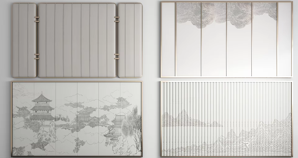 Modern Sofa Background Wall Interior Design With Wooden Panels Landscape Patterns And Striped Textures 3d model 