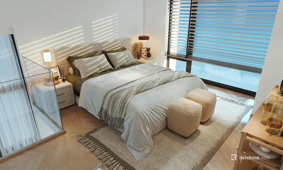 Double Bed Bedroom Interior With Bedspread Pillows Nightstand Lamp Blinds And Sunlight 3d model 