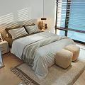 Double Bed Bedroom Interior With Bedspread Pillows Nightstand Lamp Blinds And Sunlight