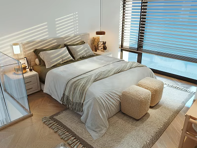 Double Bed Bedroom Interior With Bedspread Pillows Nightstand Lamp Blinds And Sunlight 3d model