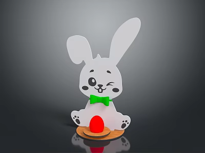 Decorative Winking White Rabbit With Green Bow Tie And Red Egg On Wooden Base 3d model