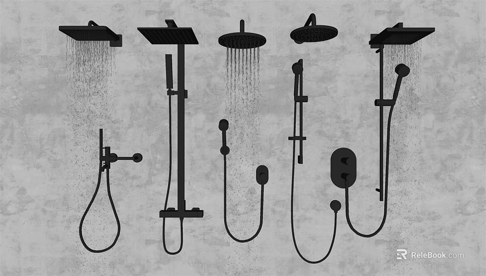 Various Bathroom Shower Head Designs Including Rainfall Handheld Sprayers And Control Mechanisms 3d model