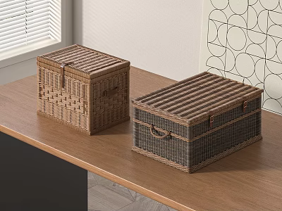 Two Woven Storage Baskets on Wooden Tabletop with Window and Geometric Pattern Wall Decor 3d model