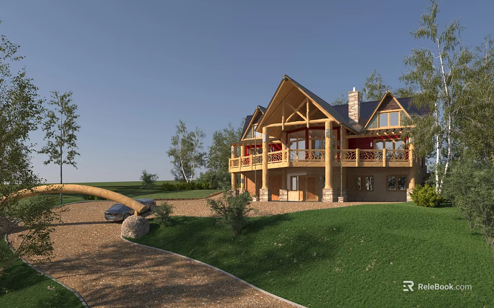 Wooden Detached Villa With Gabled Roof Wooden Balcony Lawn Trees And Driveway 3d model 