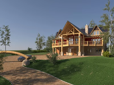 Wooden Detached Villa With Gabled Roof Wooden Balcony Lawn Trees And Driveway 3d model