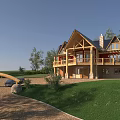 Wooden Detached Villa With Gabled Roof Wooden Balcony Lawn Trees And Driveway