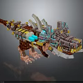 Armored Mechanical Dinosaur Character With Pixel Style Block Built Body And Glowing Blue Accents