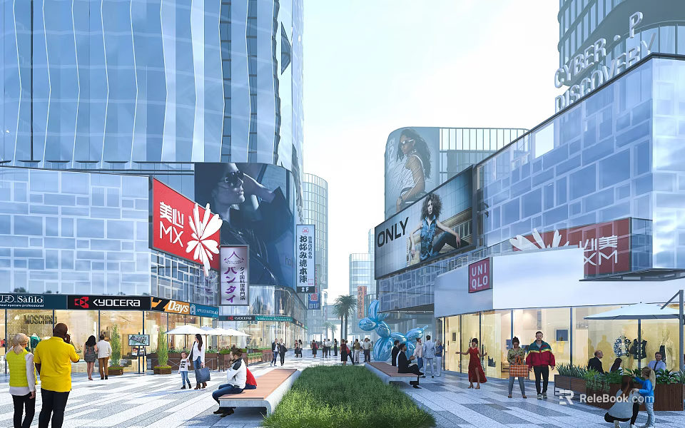 Modern Urban Commercial Street With Glass Facades Shops Billboards Pedestrians And Greenery 3d model 