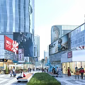 Modern Urban Commercial Street With Glass Facades Shops Billboards Pedestrians And Greenery