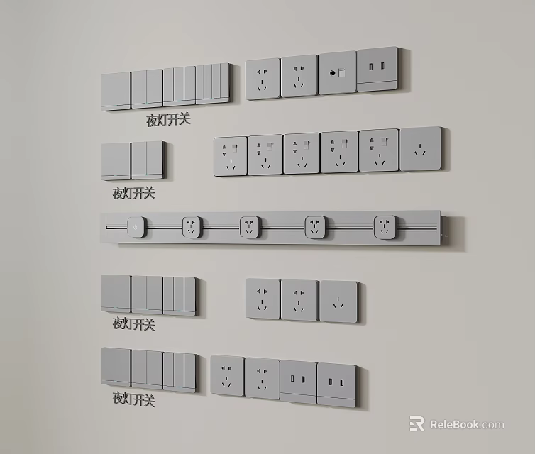 Various Types Of Button Switches With Different Panel Designs Arranged On White Wall 3d model 