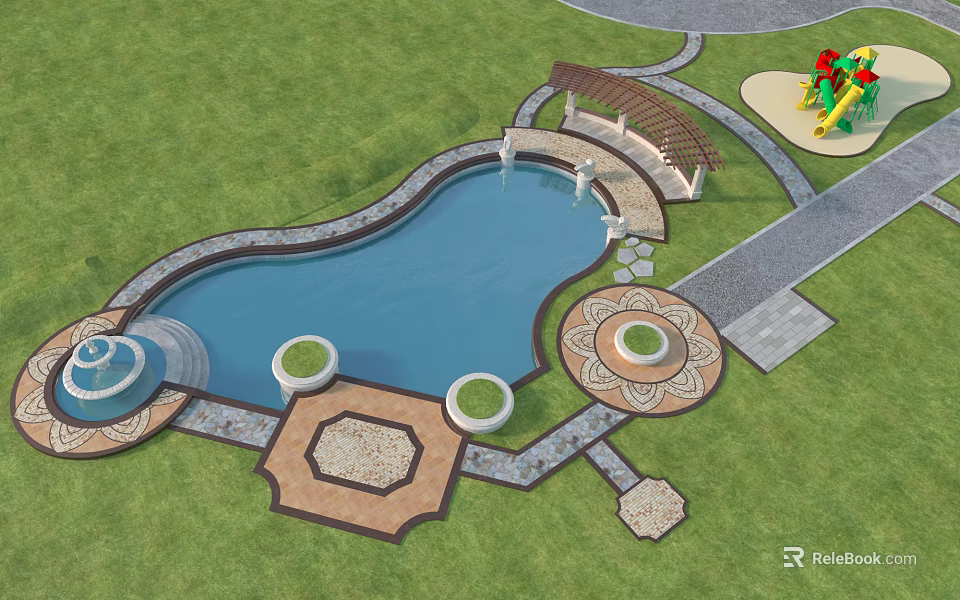 Charming Garden Ornamental Features With Swimming Pool Fountain Pavilion Stone Paths And Playground 3d model 
