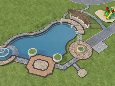 Charming Garden Ornamental Features With Swimming Pool Fountain Pavilion Stone Paths And Playground 3d model