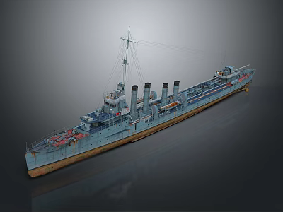 Vintage Warship Model with Three Smokestacks Mast Blue Gray Hull and Yellow Bottom 3d model
