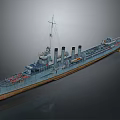 Vintage Warship Model with Three Smokestacks Mast Blue Gray Hull and Yellow Bottom