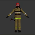 Firefighter in Protective Gear With Red Helmet and Axe Standing on Dark Background