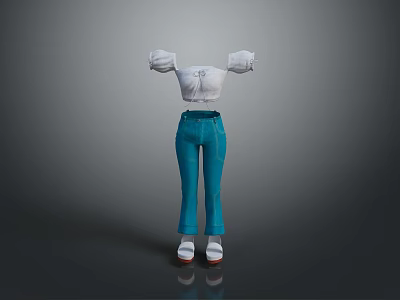Stylish Women's Outfit With White Off Shoulder Top And Blue Flared Pants 3d model