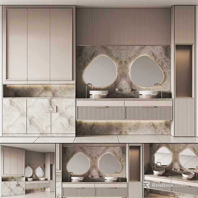 Elegant Modern Bathroom Set Design With Double Sinks Marble Countertops And Round Mirrors 3d model 