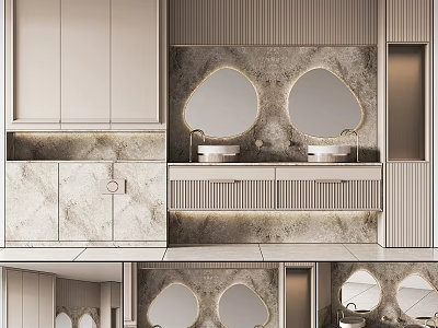 Elegant Modern Bathroom Set Design With Double Sinks Marble Countertops And Round Mirrors 3d model