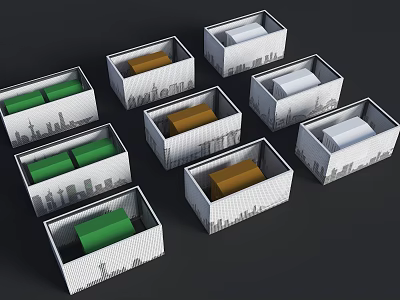 Industrial Equipment Storage Boxes With City Skyline Pattern And Colored Rectangular Components 3d model