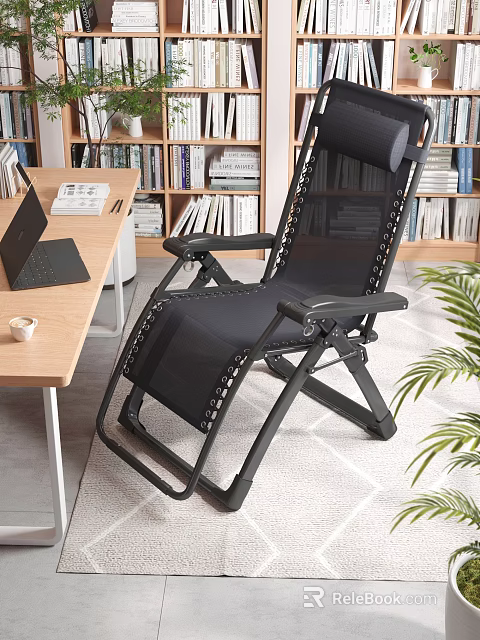 Modern Study Room Interior With Bookshelves Desk Laptop Ergonomic Chair And Green Plant 3d model 