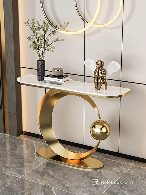 Elegant Modern Console Table With Marble Top Gold Frame Angel Statue Vase Books Sphere Decor 3d model 