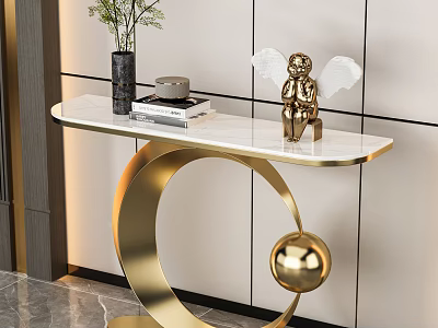 Elegant Modern Console Table With Marble Top Gold Frame Angel Statue Vase Books Sphere Decor 3d model
