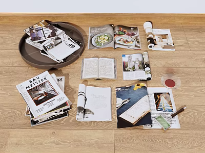 Scattered Open Books And Magazines With Interior Design Food Home Images On Wooden Floor 3d model