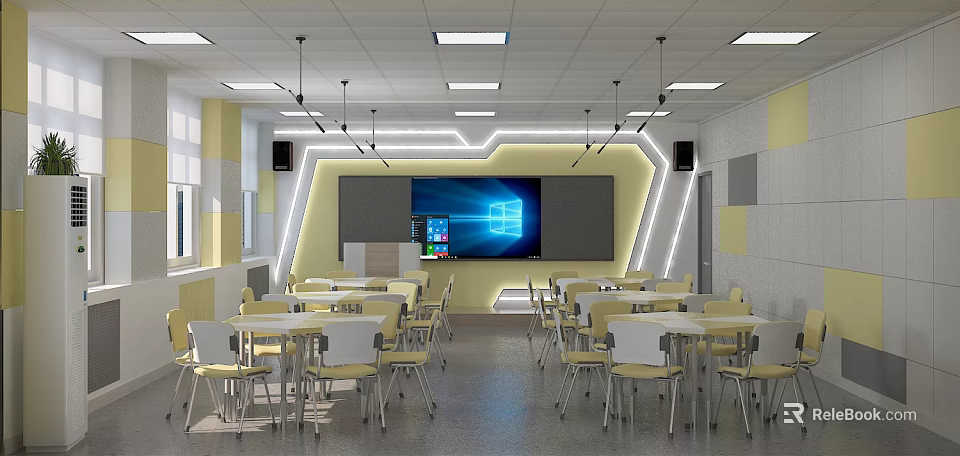 School Modern Classroom Interior With Large Screen Tables Chairs And Bright Lighting 3d model 