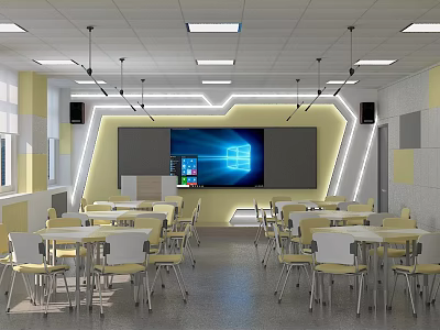 School Modern Classroom Interior With Large Screen Tables Chairs And Bright Lighting 3d model