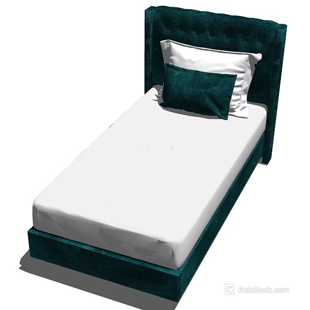 Modern Single Bed with Green Upholstered Headboard White Sheet and Pillows 3d model