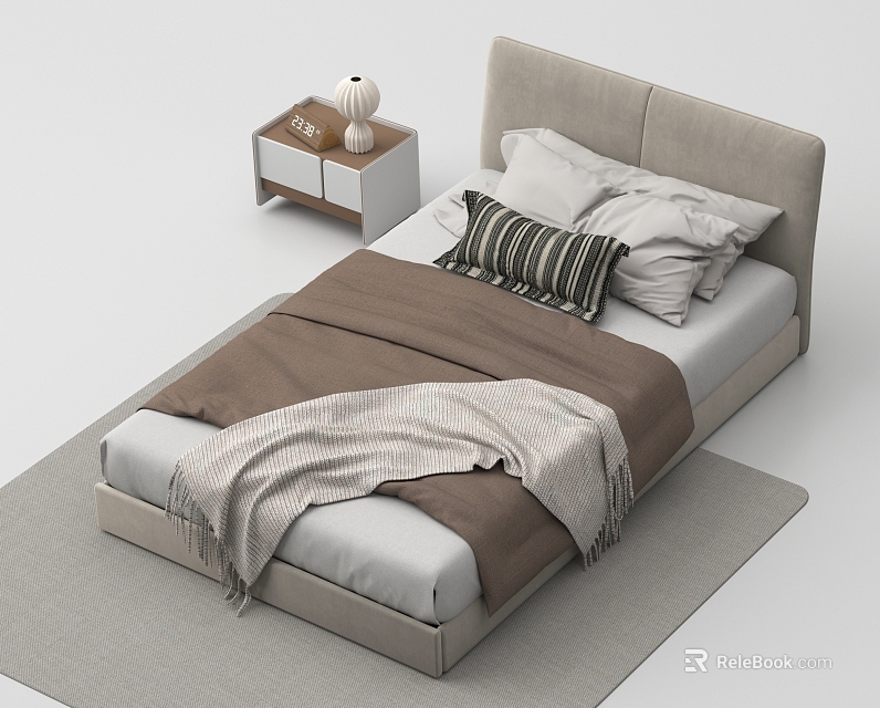 Single Bed With Light Gray Upholstered Headboard Brown Blanket Striped Pillow And Gray Rug 3d model 