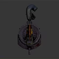 Futuristic Mechanical Weapon With Red Green Accents And Detailed Display Stand