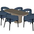 Modern Light Colored Oval Dining Table Set With Six Blue Chairs And Black Legs 3d model