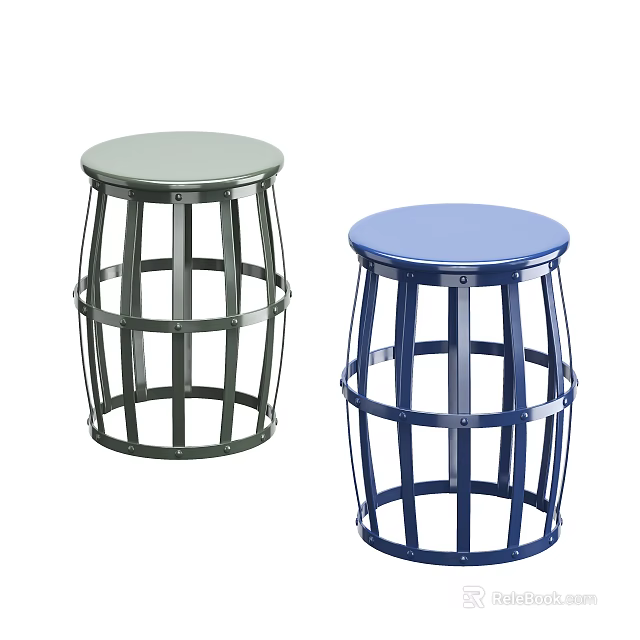 Green and Blue Stools with Round Top and Cage Like Frame Design for Modern Use 3d model 
