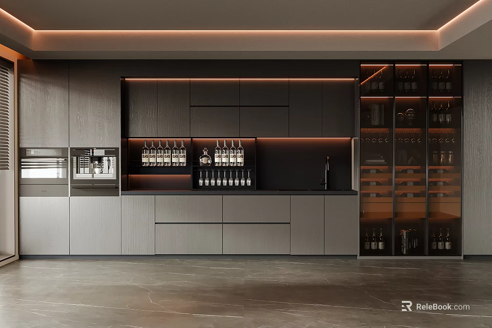 Modern Wine Cabinet Design With Glass Doors LED Lighting And Wine Bottles 3d model 