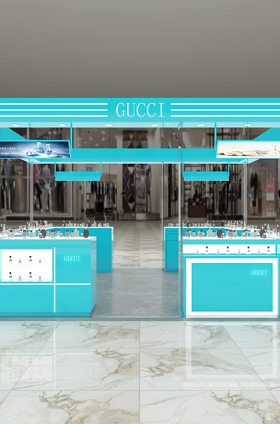 KICC Blue Shopping Mall Counter With Display Cabinets Products And Marble Floor 3d model