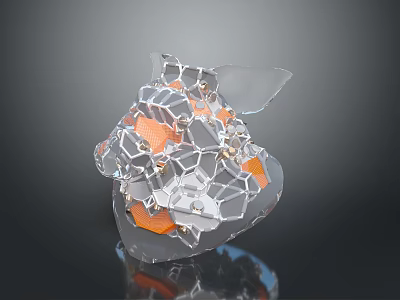 Artistic Modern Abstract Transparent Sculpture With Cracked Structure And Orange Elements 3d model
