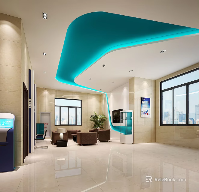 Modern Lounge Area With Blue Curved Ceiling Lighting Beige Walls Brown Sofas And Large Windows 3d model 