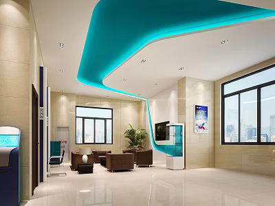 Modern Lounge Area With Blue Curved Ceiling Lighting Beige Walls Brown Sofas And Large Windows 3d model