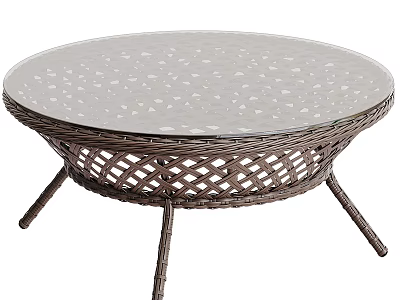 Round Glass Top Coffee Table With Wicker Design And Sturdy Metal Legs 3d model