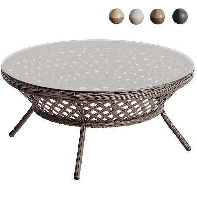 Round Glass Top Coffee Table With Wicker Design And Sturdy Metal Legs 3d model