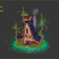 Fairy Tale Style Cottage With Blue Roof Smoking Chimney Green Trees And Mushrooms